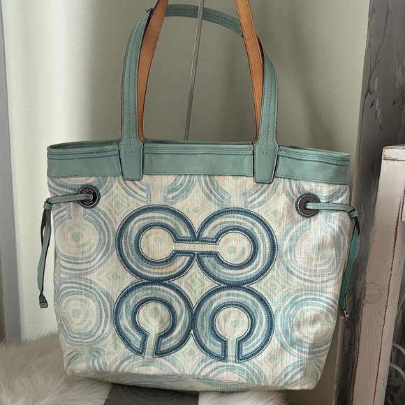 Coach Handbags - Coach Mint Blue & Tan Patterned Canvas Tote